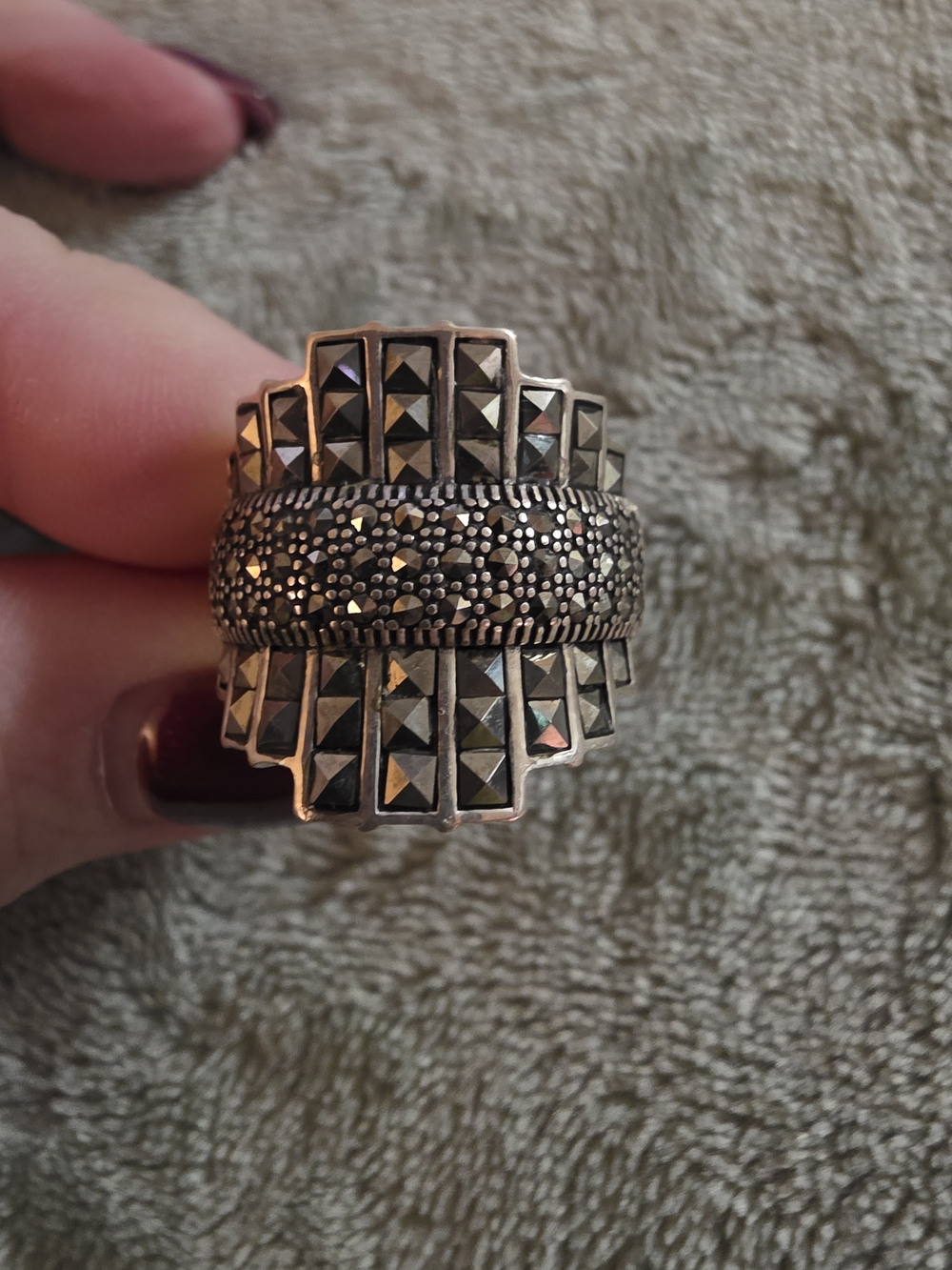 Vintage Art Deco Sterling Silver Marcasite Staircase Statement Ring - Size 11